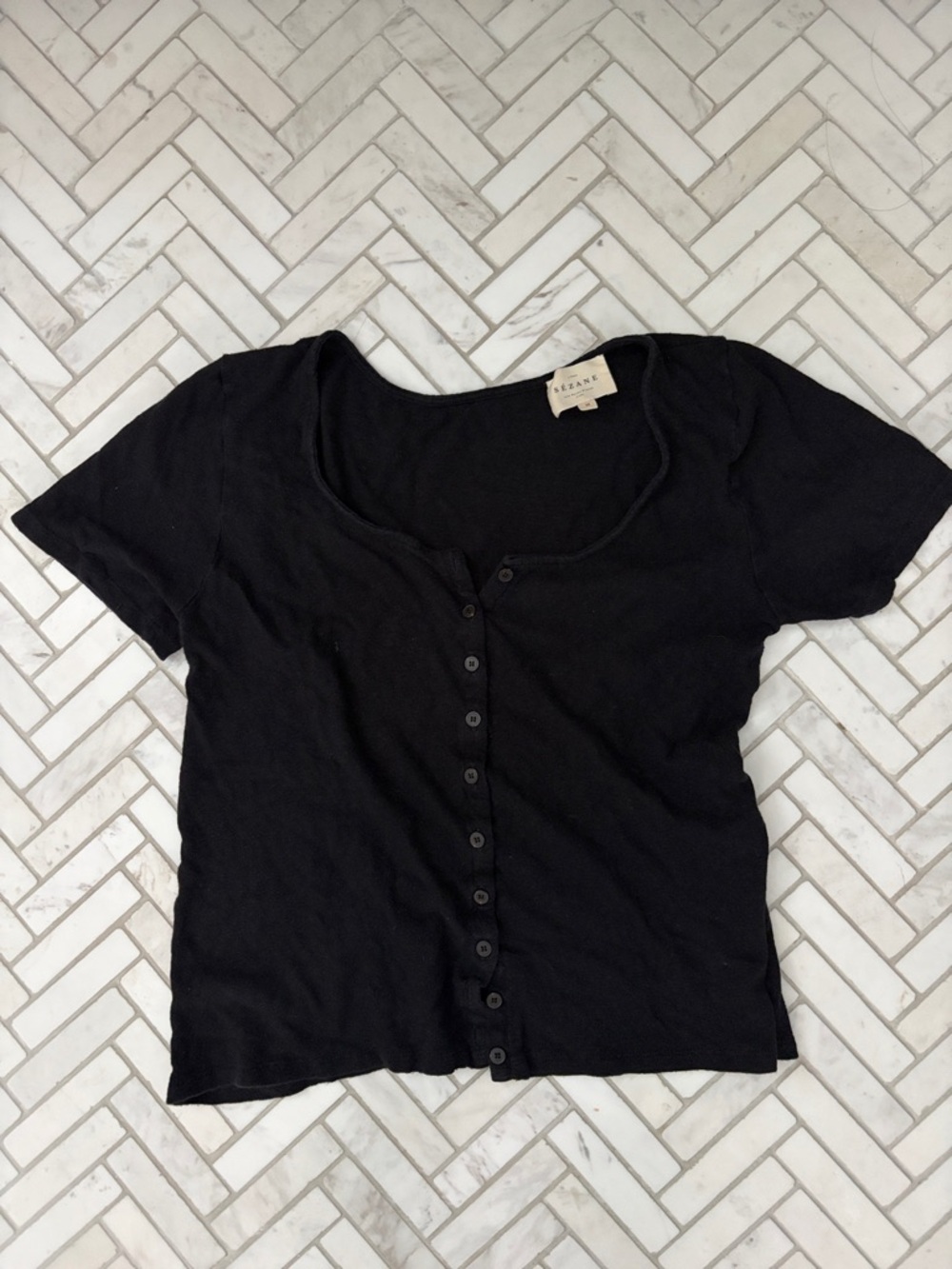 Sezane Black Short Sleeve Button-Down Top